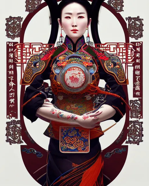 Image similar to portrait of a chinese cyberpunk machine, machine face, arms, upper half portrait, decorated with chinese opera motifs, regal, asian, fine china, wuxia, traditional chinese art intricate intense elegant 京 剧 highly detailed digital painting artstation concept art smooth sharp focus illustration, art by artgerm and greg rutkowski alphonse mucha 8 k