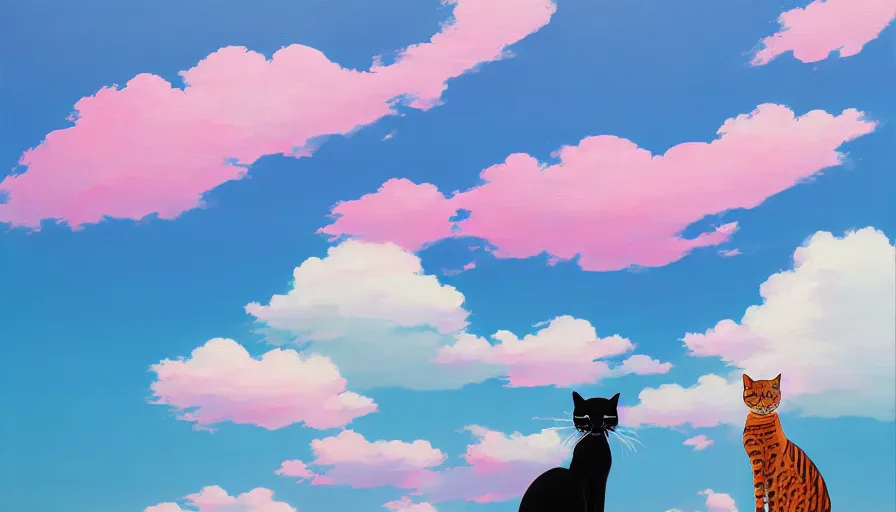 Image similar to highly detailed contemporary acrylic painting of really tall sitting cats by makoto shinkai, thick brush strokes and visible paint layers, glistening clouds in background, light blue black, white and pink vivid pastel color scheme