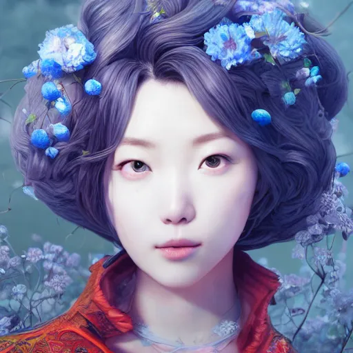 Image similar to the portrait of a blueberry that resembles an absurdly beautiful, graceful, elegant, sophisticated irene bae gravure idol, an ultrafine hyperdetailed illustration by kim jung gi, irakli nadar, intricate linework, bright colors, octopath traveler, final fantasy, unreal engine 5 highly rendered, global illumination, radiant light, detailed and intricate environment