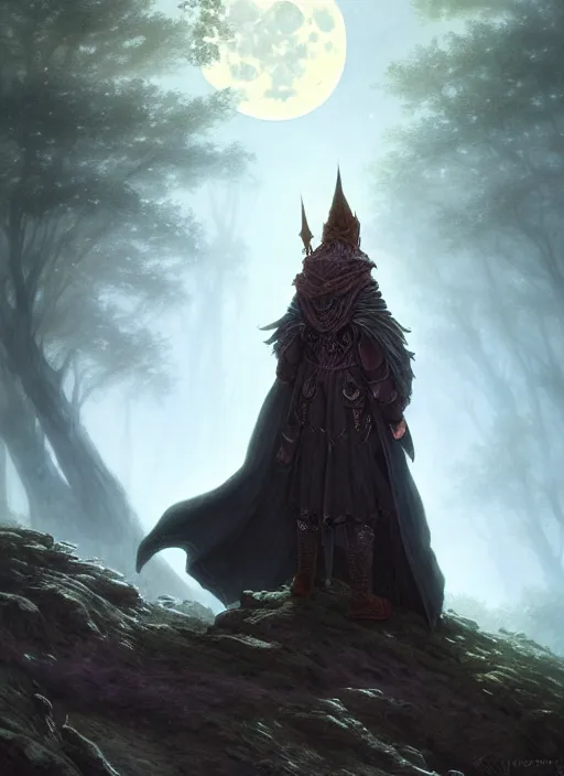 Image similar to full moon, adventurer outfit large cloak, fantasy forest landscape, dragon scales, fantasy magic, dark light night, intricate, elegant, sharp focus, illustration, highly detailed, digital painting, concept art, matte, art by WLOP and Artgerm and Greg Rutkowski and Albert Bierstadt, masterpiece