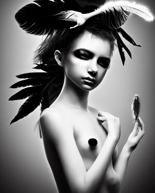 Image similar to surreal mythical dreamy dark artistic black and white fine art 3 / 4 portrait photo of a young delicate mutant female - orchid - bird - cyborg with feather hair, rim light, cinematic, studio dramatic light, poetic, octane render, 8 k, photo - realistic