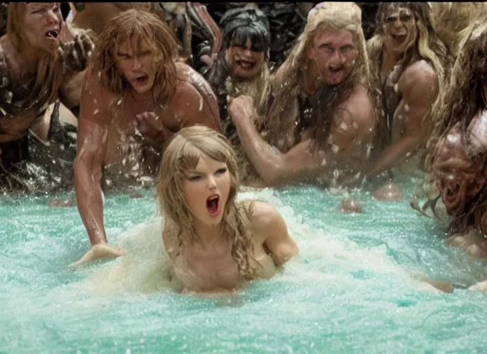 Prompt: taylor swift as conan the barbarian oil wrestling with nymphs, movie still, from the movie over the top, 8 k, realistic