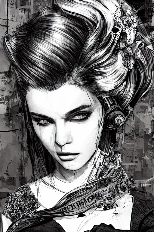 Prompt: heroine, beautiful,vintage ink style, cyberpunk,ultra detailed, digital art, 8k ,character ,realistic, portrait, hyperrealistic