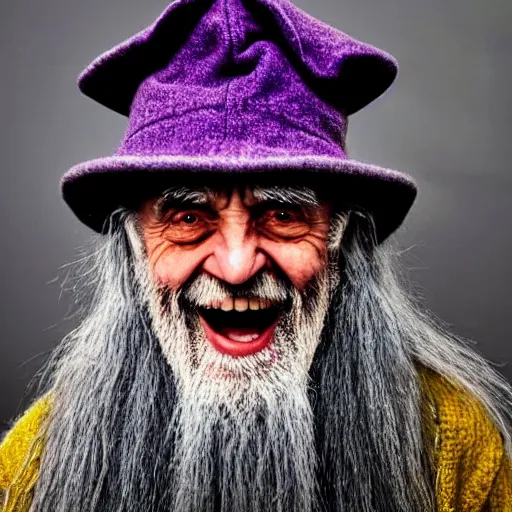 Image similar to a crazy old druid wizard, bald, bushy grey eyebrows, long grey hair, disheveled, wise old man, wearing a grey wizard hat, wearing a purple detailed coat, a bushy grey beard, yellow skin, holding a large wooden staff, sorcerer, he is a mad old man, laughing and yelling