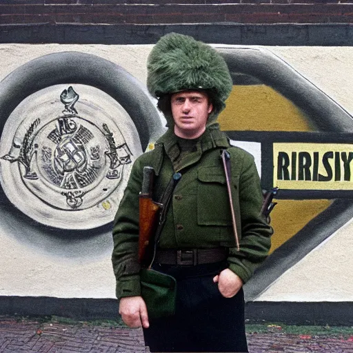 Image similar to irish republican army soldier posing next to a mural in belfast in the 1 9 7 0 s, 8 k detail