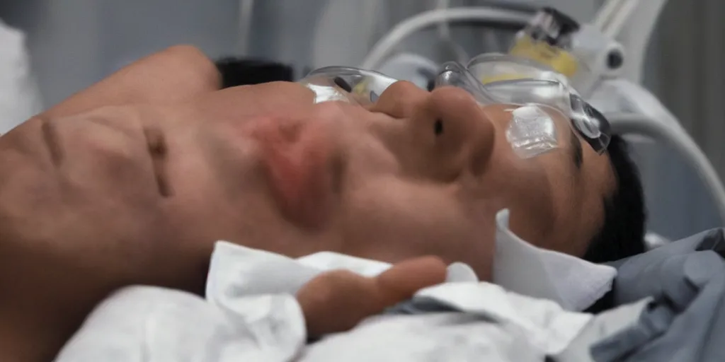 Image similar to michael jackson asleep 2 0 0 9, not breathing, hospital bed, oxygen mask, dead, ultra realistic face, 4 k, movie still, uhd, sharp, detailed, cinematic, render, modern