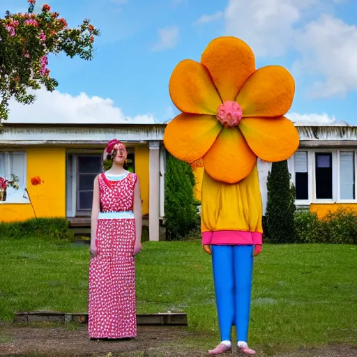 Image similar to giant flower head, full body, girl standing in front of house, surreal, symmetry, mid century, bright colours, blue sky, realistic, wes anderson