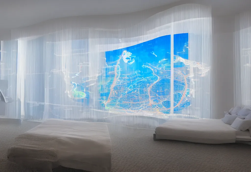 Prompt: curved translucent windows projecting florida holographic weathermap, pixel perfect photograph, high contrast, volumetric lighting, thin glowing lights, bedroom, visor, users, pair of keycards on table