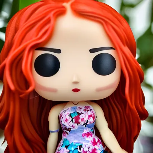Image similar to skinny 19 year old white girl with long red hair in a flowery sundress, funko pop, highly detailed photo closeup sharp photo