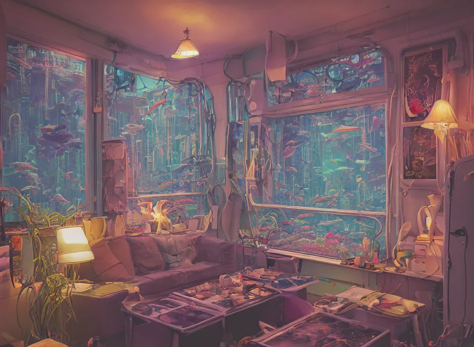 Image similar to telephoto 7 0 mm f / 2. 8 iso 2 0 0 photograph depicting the feeling of chrysalism in a cosy cluttered french sci - fi ( art nouveau ) cyberpunk apartment in a pastel dreamstate art cinema style. ( aquarium, computer screens, window ( city ), leds, lamp, ( ( ( aquarium bed ) ) ) ), ambient light.