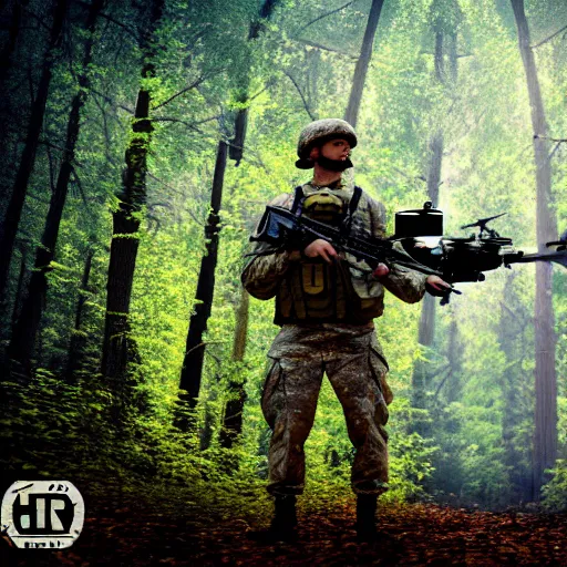 Image similar to A soldier in a forest shooting at an enemy drone with his machine gun, HDR, 8k, trending on artstation