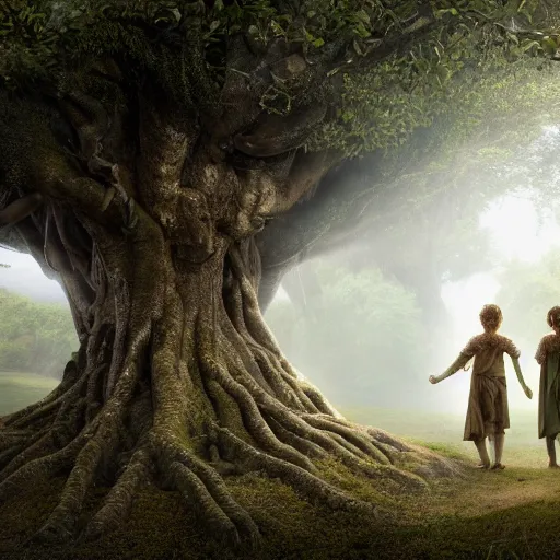Prompt: frodo & sam & yavanna under tree in valinor lord of the rings, movie still, 4 k, octane render