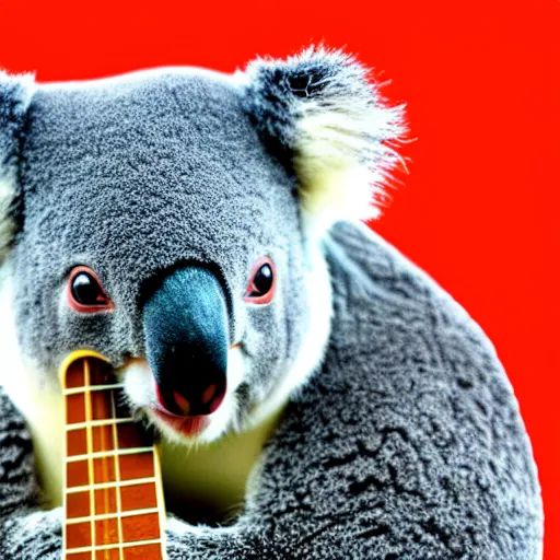 Prompt: a koala playinga guitar, modelsociety, radiant skin, huge anime eyes, rtx on, perfect face, directed gaze, canon, symmetric balance, polarizing filter, photolab, lightroom, 4 k, dolby vision, photography award