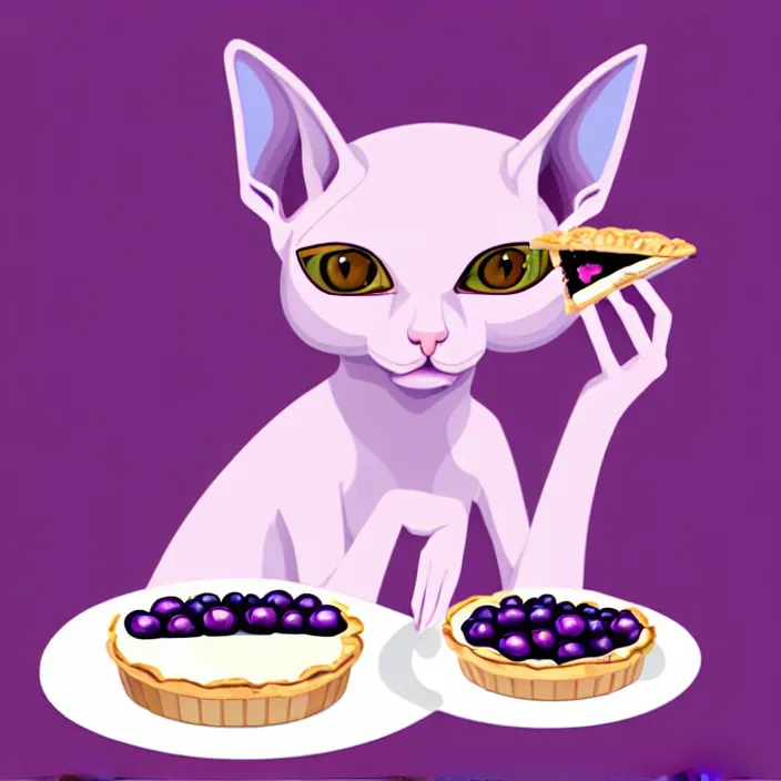 Image similar to an anthropomorphic sphynx cat fursona with big eyes eating a slice of blueberry pie, furry art, cute, oil on canvas, soft lighting