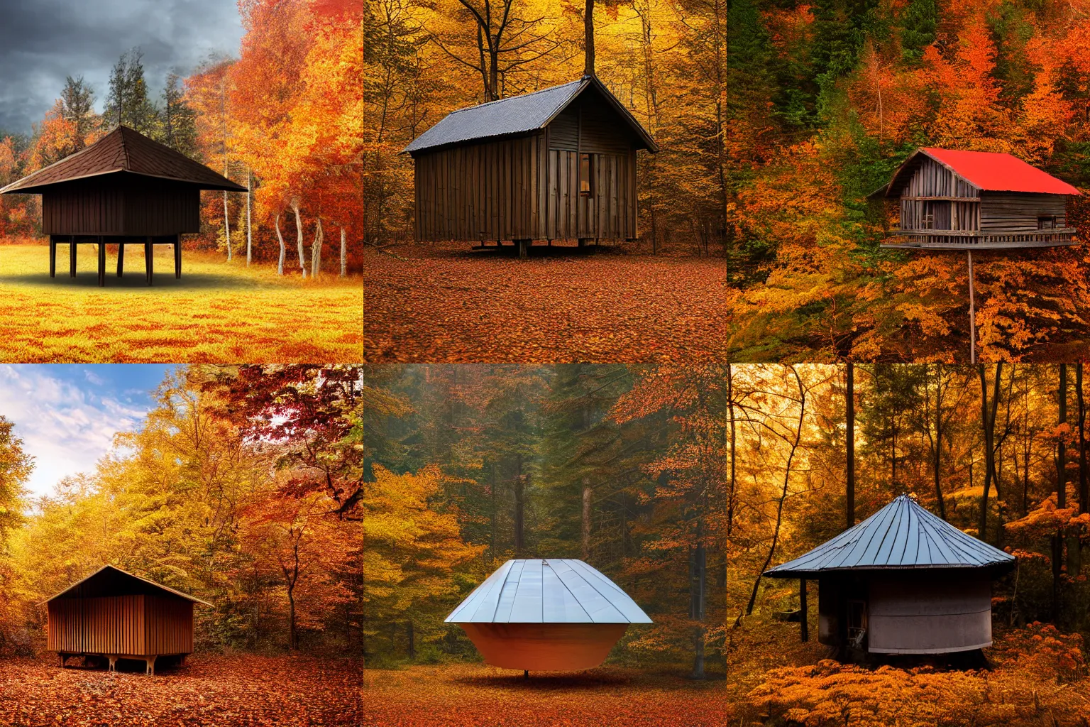 Prompt: hut floating in midair, hovering above the forest floor in autumn, matte painting