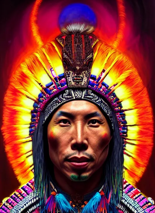 Image similar to portrait of donnie yen, hyper detailed ultra sharp aztec shaman warrior. trending on artstation, warpaint aesthetic, bloodwave, colorful, psychedelic, ornate, intricate, digital painting, concept art, smooth, sharp focus, illustration, art by artgerm and greg rutkowski and h. r. giger, 8 k