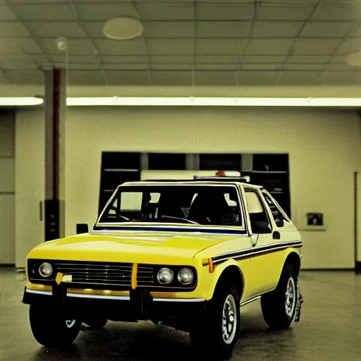 Image similar to 1979 Bronco BMW M1, inside of an auto dealership, ektachrome photograph, volumetric lighting, f8 aperture, cinematic Eastman 5384 film