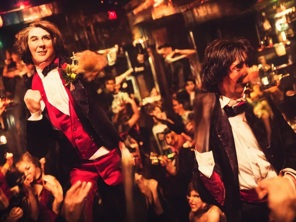Prompt: dslr close up photo of oscar wilde dancing at a gay club, color, photography, 8 k, highly detailed, lighting, cmyk, realism, 3 5 mm, modern