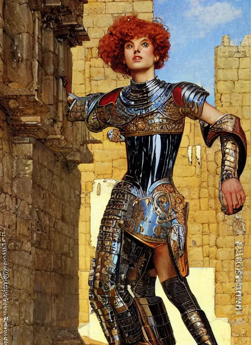 Prompt: portrait of helen of troy in armour outside the city walls, by lawrence alma tadema and rick berry and norman rockwell and greg staples and jack kirby