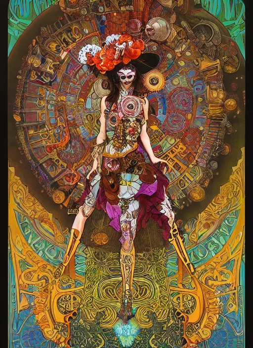 Prompt: realistic detailed psychedelic poster art of a cute steampunk android fractal Día de los Muertos girl dancing by Victor Moscoso Rick Griffin Alphonse Mucha Ayami Kojima Amano Charlie Bowater, masterpiece