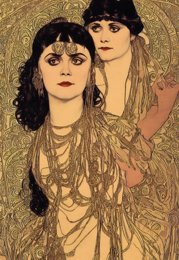 Prompt: realistic detailed Art Nouveau lithograph full-face portrait of Theda Bara as Cleopatra in an elaborate costume by Alphonse Mucha and Gustav Klimt