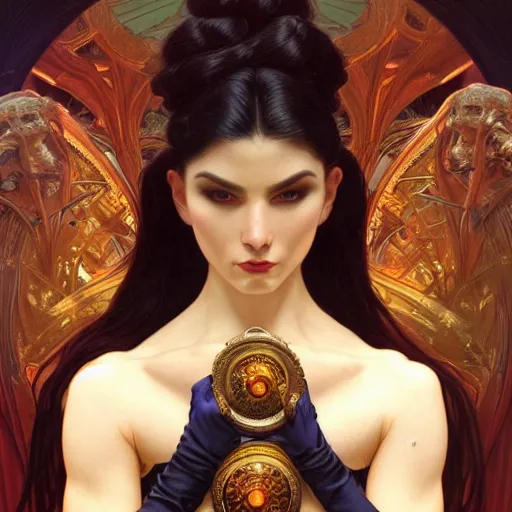 Image similar to perfectly - centered - portrait - photograph of an evil sinister goddess, the perfect human female specimen, intricate, elegant, super highly detailed, professional digital painting, artstation, concept art, smooth, sharp focus, no blur, no dof, extreme illustration, unreal engine 5, 8 k, art by artgerm and greg rutkowski and alphonse mucha loish and wlop