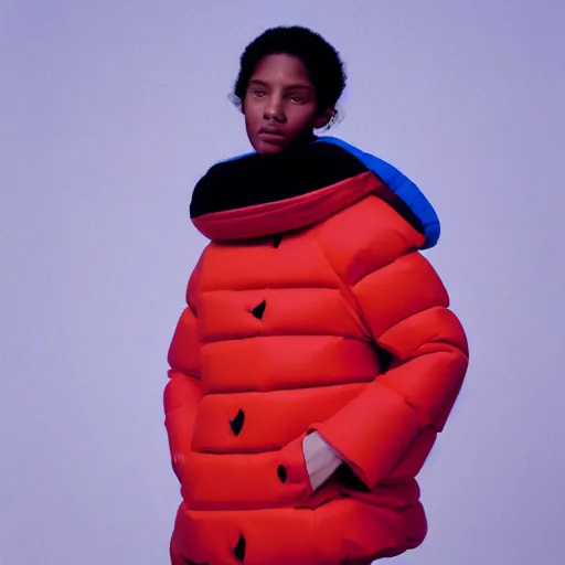 Prompt: realistic photoshooting for a new issey miyake lookbook, color film photography, portrait of a beautiful woman, model is wearing a futuristic puffer jacket, in style of tyler mitchell, 3 5 mm,