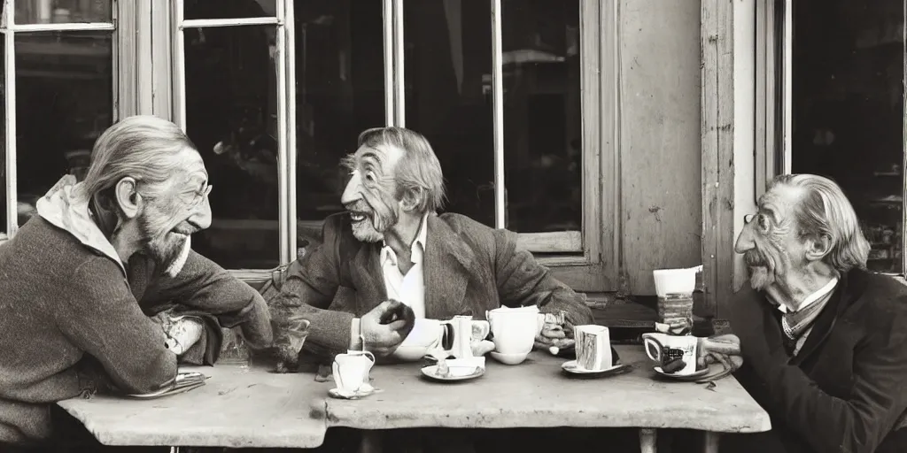 Image similar to mcgregor and jean rochefort are having a coffee. they are on nice conversation. a brown furry cat sits at the middle of the table. strong colours. nice atmosphere. 2 0 th century paris is seen on window. tobacco smoke. antique coffee cups.