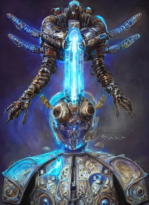 Prompt: formal portrait of a mechanical alien insect warrior wearing plate armor with blue embroidered cloak, long antennae, rows of glowing blue eyes, fantasy, digital art by eugene de blaas, ross tran, and nasreddine dinet, vibrant color scheme, intricately detailed, in the style of romanticism, cinematic, artstation, greg rutkowski