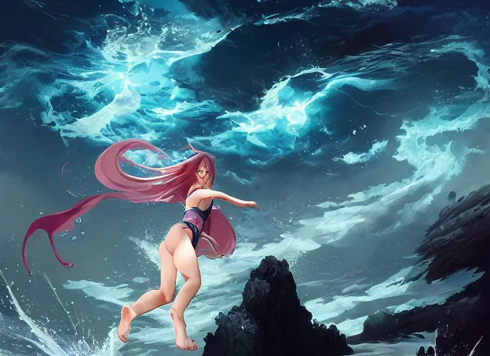 Image similar to seductive lee jin - eun running on water at super speed, emerging from multiversal galactic portal, splashes of lightning behind her, zooming past a small island, by ilya kuvshinov and peter mohrbacher and ruan jia, and m. k. kaluta, rule of thirds, coherent symmetry, masterpiece, beautiful, majestic, beautiful eyes