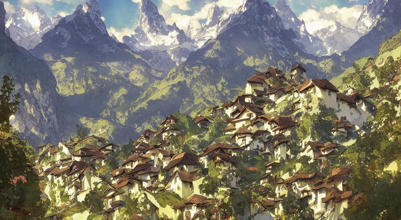 Image similar to A beautiful landscape painting of a small swiss mountain village by Alfons Maria Mucha and Julie Dillon and Makoto Shinkai