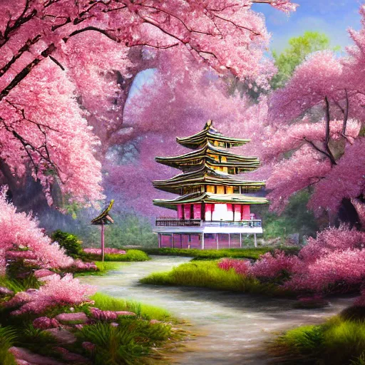 Image similar to detailed airbrushed magical realism oil painting of beautiful pagoda surrounded by blooming pink and white cherry blossom trees 4 k hd