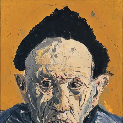 Prompt: painting of an old man staring at you, by georg baselitz