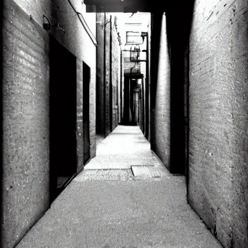 Prompt: A liminal space somewhere in a dark alley way, realistic, photography, early 2000s camera quality,