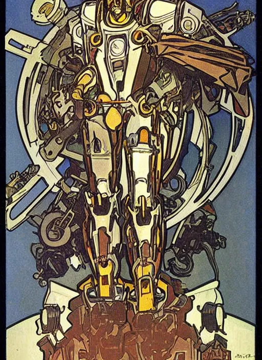 Prompt: mecha robot warrior by Alphonse Mucha