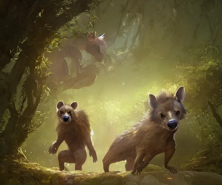 Prompt: a beautiful painting of a cute brown hyena and a gray otter in a forest. disney character design by cory loftis, fenghua zhong, ryohei hase, ismail inceoglu and ruan jia. artstation, volumetric light, detailed, photorealistic, rendered in octane