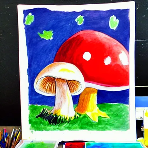 Image similar to a children painting of a cute creature sitting next to a mushroom, detailed, realistic