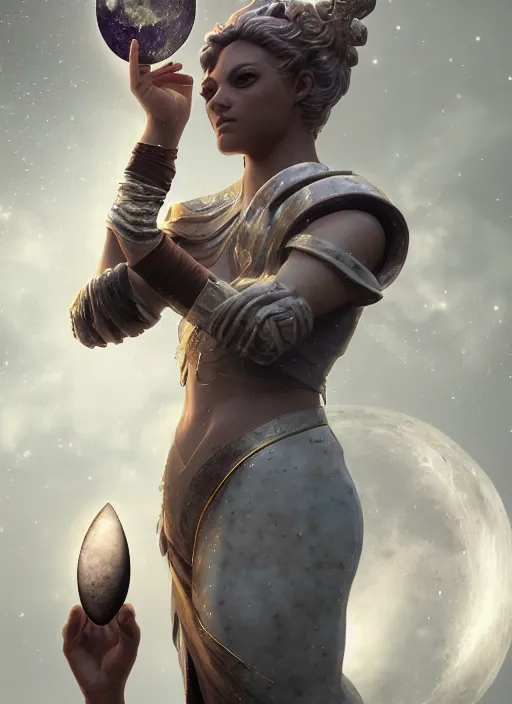 Prompt: [ artemis holding the moon in her hands ]!!, closeup!!, filling it with magical energy, digital art, tarot card, portrait!!, trending on polycount, cgsociety contest winner, digital art, 4 k, sharp, detailed, intricate, illustrated by greg rutkowski, zbrush, unreal engine 5