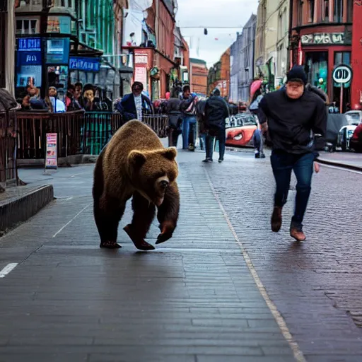 Prompt: brown bear chasing tourist on O'Connell street, Dublin city, hidden camera, photograph, 8k