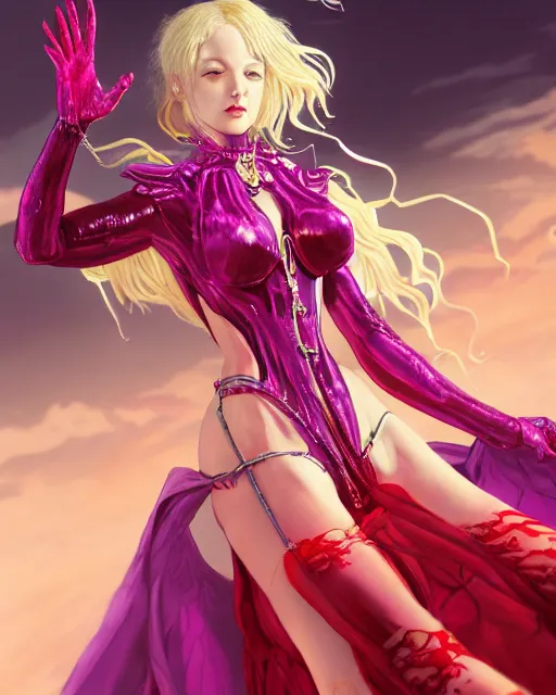 Image similar to satan daughter wearing gown, beautiful, fantasy, colorful, cinematic lighting, artstation, trending, highly detailed, focus, smooth, by hirohiko araki and yoshitaka amano