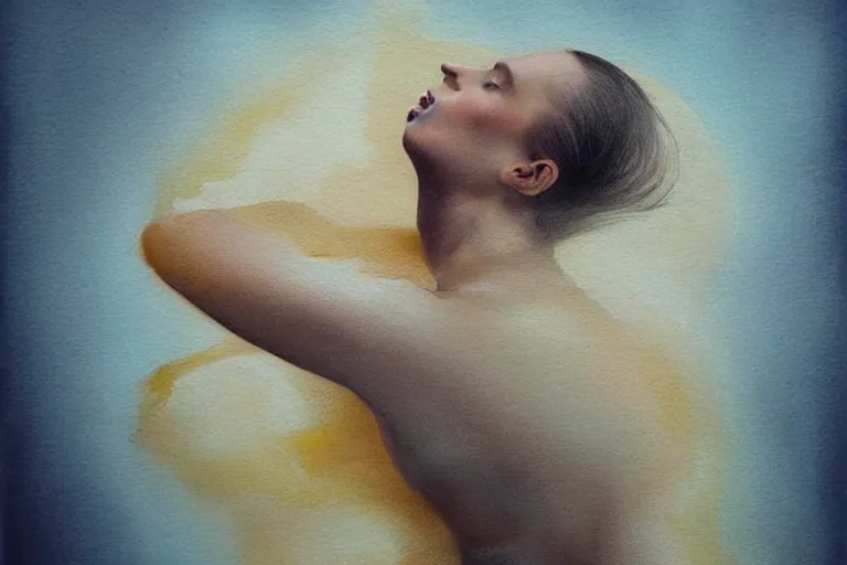 Image similar to beautiful serene swimming person, healing through motion, life, minimalistic golden and ink airbrush painting on white background