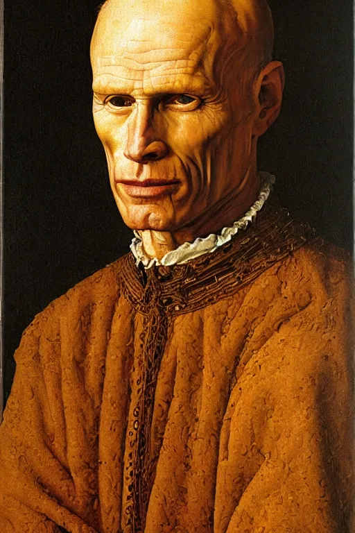 Image similar to portrait of ed harris, oil painting by jan van eyck, northern renaissance art, oil on canvas, wet - on - wet technique, realistic, expressive emotions, intricate textures, illusionistic detail