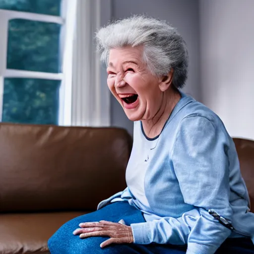 Image similar to grandmother as cyber robot laughing at jokes about country, hyper realistic, full details