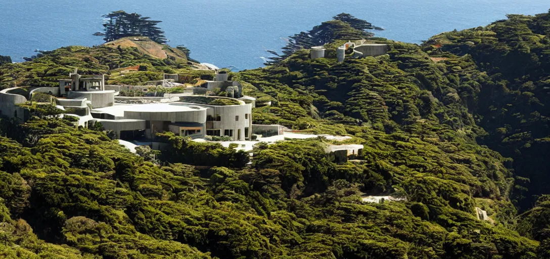 Image similar to castle designed by renzo piano overlooking big sur. landscape design by roberto burle marx.