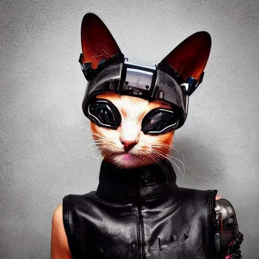 Prompt: portrait of a cute cyberpunk cat, realistic, futuristic, robot, professional photography