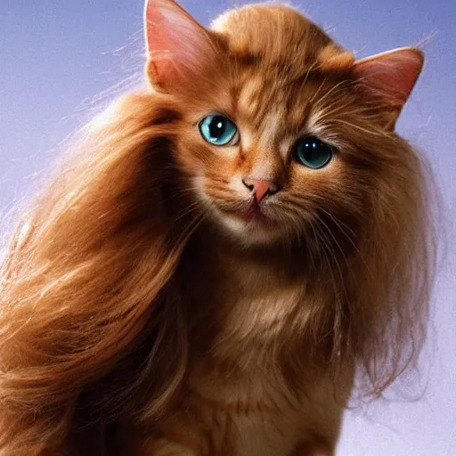 Image similar to beautiful cat with a mullet hairdo, 8 k, movie still