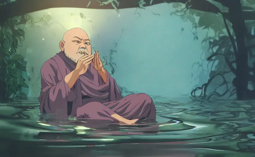 Image similar to a film still portrait of a mauve old monk meditating inside a cubic bubble in a flooded temple jungle. finely detailed features, closeup at the faces, chronenberg, perfect art, grimdark, trending on pixiv fanbox, painted by studio ghibli