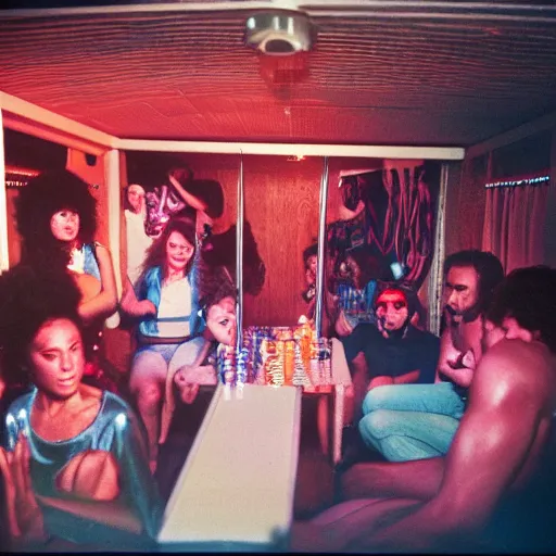 Prompt: interior view of people wearing disco clothing having a party inside of a 1970s luxury cabin at night with television, ektachrome photograph, f8 aperture