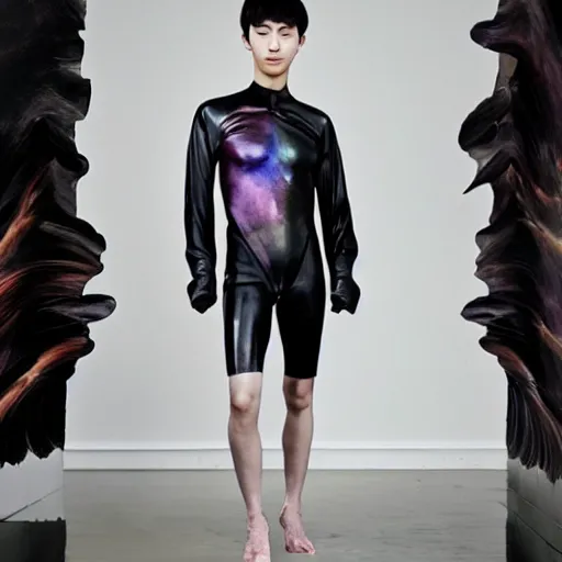 Prompt: a beautiful young korean male wearing iris van herpen, painted by michelangelo