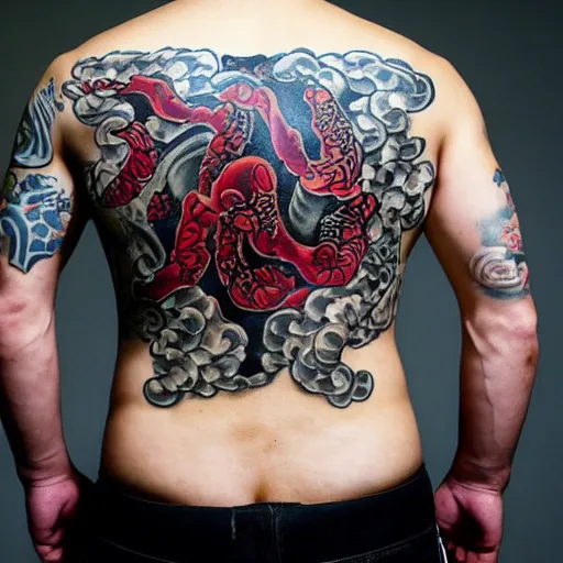 Prompt: yakuza back tattoo. ap photo. studio lighting, even composition, professional camera